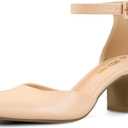 PIZZ ANNU Women's Gilaa Closed Toe Low Chunky Heels Pumps Ankle Strap Wedding Business Round Toe Block Dress Shoes (6.5, Nude)