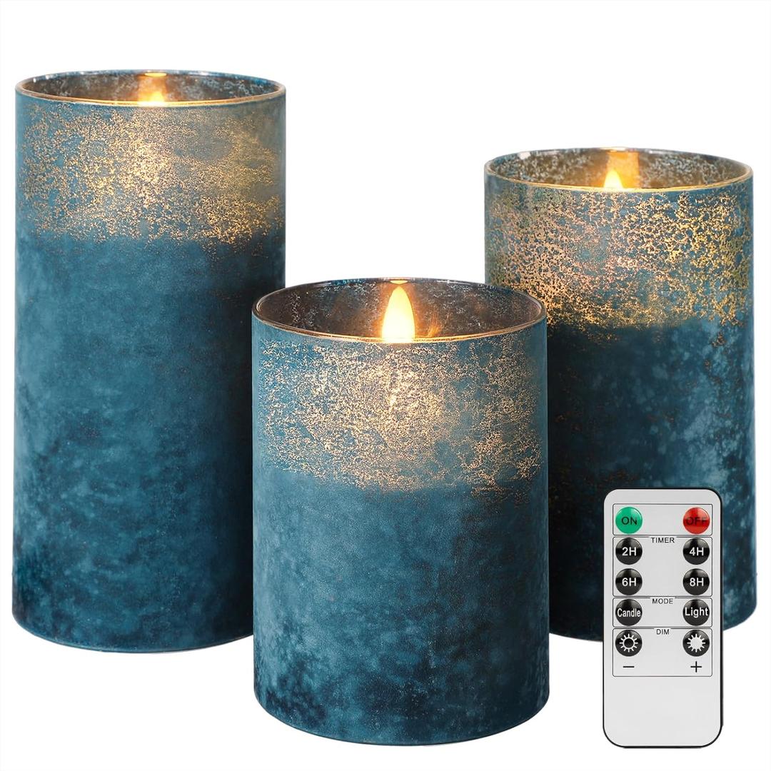 ANGELLOONG Blue Flameless Candles with Remote, Flickering Led Candles with Timer, Electric Pillar Candles for Bathroom Kitchen Room Home Decor, Sandblast Blue