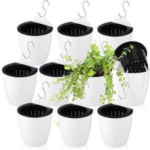 Yungyan 10 Sets 5" Self Watering Hanging Planter White Lazy Flower Pots Plastic Wall Propagation Window Wall Mount Planter with Hooks and Absorbent Cotton Ropes for Indoor Succulent Plants