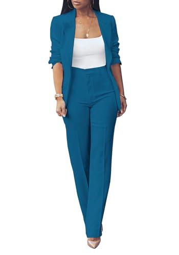 Husifang Womens Fall Fashion 2 Piece Blazer Sets Open Front Blazers and Slim Fit Pants Suits Set, Blue Green 