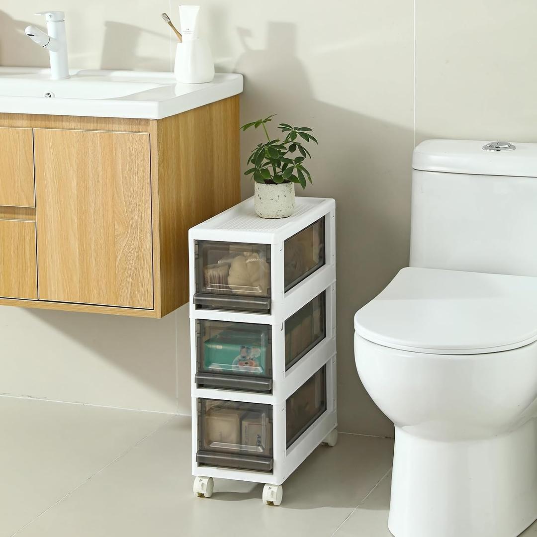 Plastic 3 Drawer Storage Organizer, Narrow Plastic Storage Drawers with Wheels, Storage Cart with Drawers for Small and Narrow Space, 7.87-inch Wide (white)