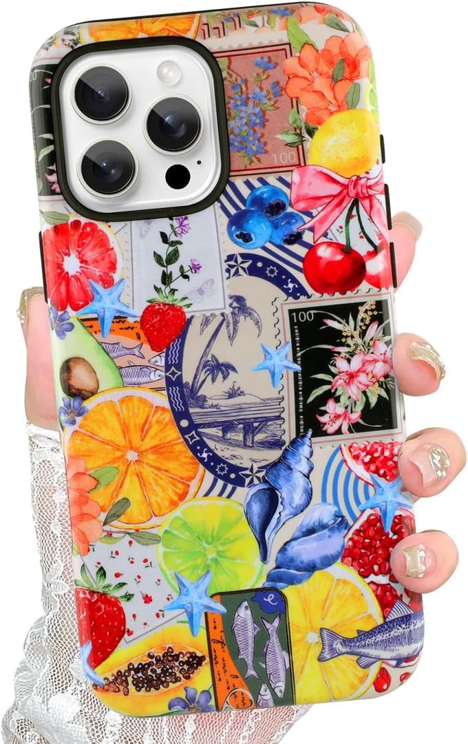 Compatible with iPhone 16 Pro Case Cute Aesthetic for Women Girls, Classic Retro Western Fruit Stamp Seashell Costal Collage Phone Case [Compatible with Magsafe] Shockproof Cover