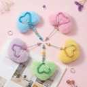 5PCS Beadable Heart Keychain Bars with Faux Fur Pom Pom, Fluffy Heart Pendant Metal Beadable Keychain Making Kit for Valentine's Day DIY Crafts, Women Bag Charm Accessory, 5colors