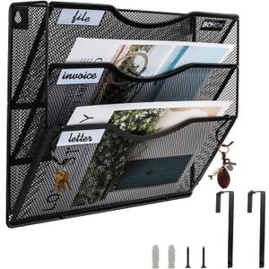Wall File Organizer, 3 Tire Hanging File Folder Mail Organizer, Vertical Mesh Metal Door/Wall Mount Hanging File Holder, Paper Document Magazine Rack with Hooks for Home Office Black