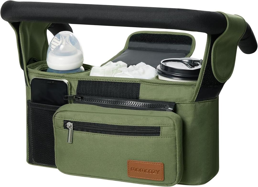 Momcozy Universal Baby Stroller Organizer, 2 Insulated Cup Holder, Detachable Zippered Pocket, Adjustable Shoulder Strap, Large capacity for baby essentials, Compact Design Fits Any Strollers