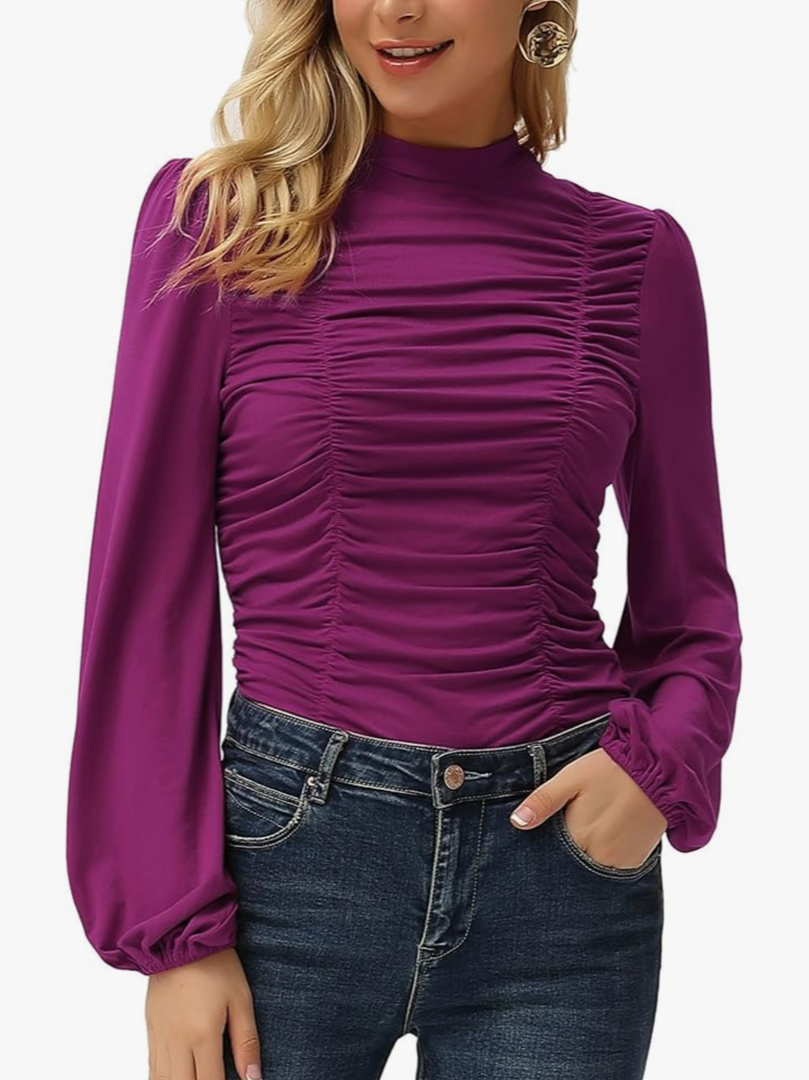 GRACE KARIN Womens Long Lantern Sleeve High-Neck Ruched Front Fitted Blouse, XL
