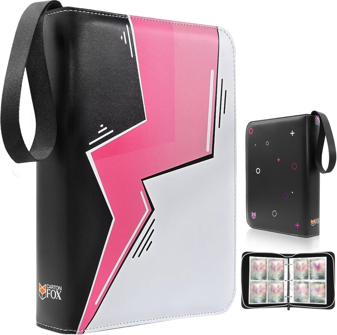 Trading Card Binder, 4 Pockets Card Holder, 55 Double Sided Removable Pages, 440 Card Sleeves, Toploader Binder, Portable Album Holder, Storage Box for Trading Cards (Pink Thunder)