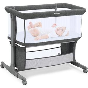 Ezebaby Bedside Bassinet for Baby, Portable Baby Bassinet Bedside Sleeper for Newborn Infants with Wheels Storage Basket, Adjustable 7 Heights and All Mesh Sides (Deep Gray)