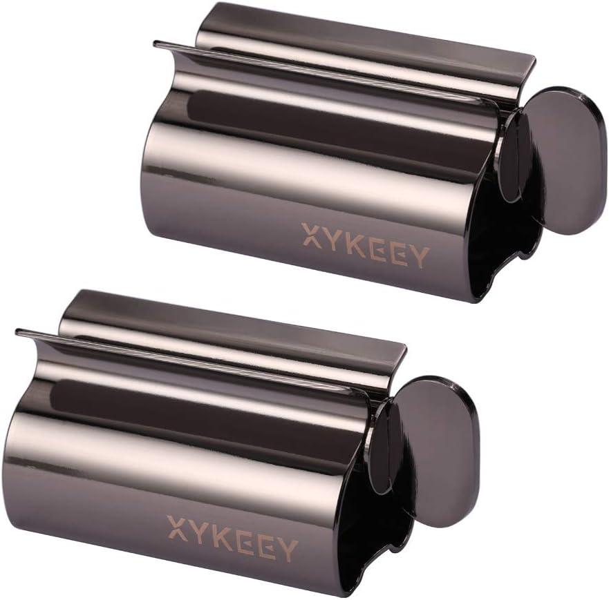 XYKEEY Toothpaste Tube Squeezer - Set of 2 Toothpaste Squeezer Rollers, Metal Toothpaste Tube Wringer Seat Holder Stand (Black)