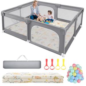 Sour Lemon Baby Playpen with Play Mat, 79x71 inch Extra Large Playpen for Babies and Toddlers, Baby Fence Play Pen Yard with Safety Gate Fence with 50 Ocean Balls 4 Pull Rings for Kids Indoor Outdoor