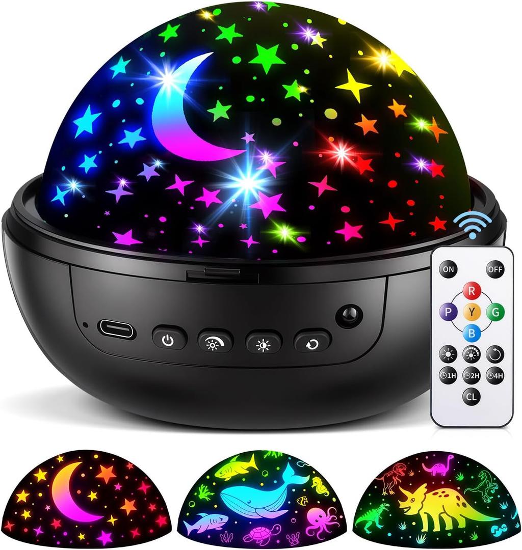 COOLNIGHT Night Light for Kids,93 Lighting+3 Films Kids Night Light Projector,Remote+Dimmable Star Projector, 360° Ceiling Stars Glow in The Dark Stars,Christmas Gifts for 4 Year Old Boy Birthday Gift (Black)
