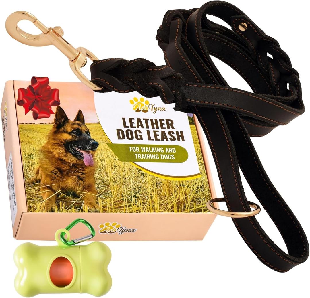 ADITYNA Double Handle Leather Dog Leash 6ft - Heavy Duty Braided Leash with Traffic Handle - Lead for Training and Walking Large & Medium Dogs (Two Handles 6 foot x 3/4", Black)