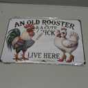 Funny Gifts for Women Chicken Lovers Farm Enthusiasts An Old Rooster And A Cute Chick Live Here Chicken Tin Sign for Chicken Coop Farm Kitchen Garden Yard Decor 8 X 12 Inch (Light Blue)