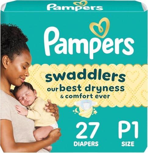 Pampers Swaddlers Diapers, Size P1 (<6 Ibs), 27 Count, Hypoallergenic, Absorbent, Keeps Baby Dry and Comfortable, Skin Safe Disposable Preemie Diaper Pack Of 2