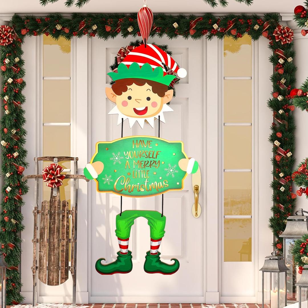 Elf Boys Hanging Sign with Lights - Christmas Decorations Hanging Sign - Wooden Door Sign with Light - Merry Christmas Wall Decor Indoor/Outdoor Xmas Decor Ornament for Home, Classroom, Office