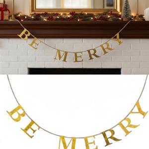 Yerliker Be Merry Brass Finish Metal Garlands Christmas Gold Glitter Banner with Lanyard Xmas Indoor Decoration Vintage Holiday Hanging Decorations for Christmas Fireplace Wall Events Decor, 55" L