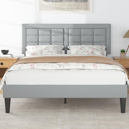 VECELO Queen Size Bed Frame with Adjustable Headboard, Upholstered Button Tufted Platform Bedframe with Wood Slats Support, No Box Spring Needed, Linen & Light Grey