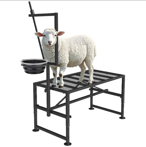 Goat Stand with Feed Bin for Milking, 600LBs Goat Trimming Stand, Livestock Table for Sheep Trimming Hoof and Milking, Iron Black, Adjustable Size