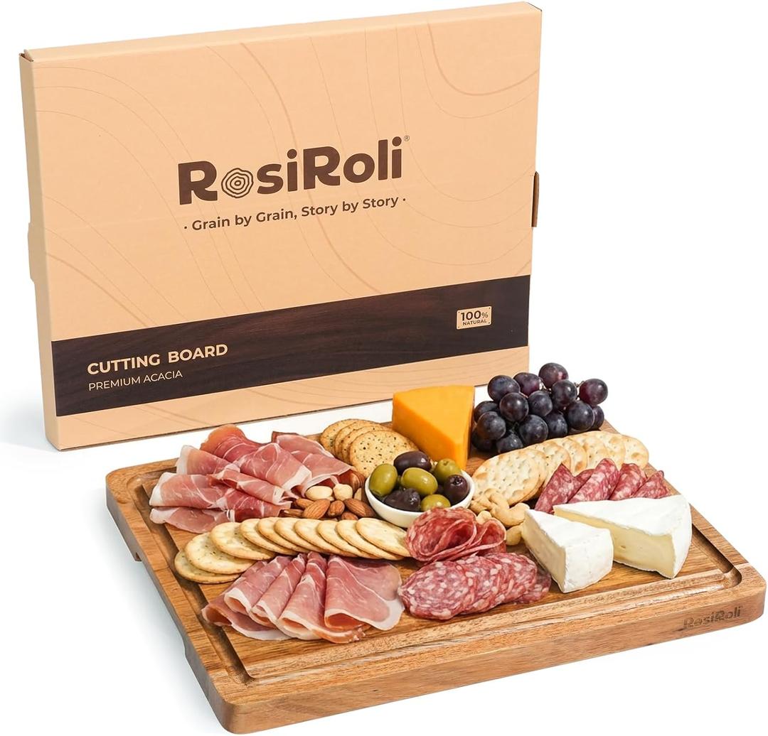 Acacia Wood Cutting Board for Kitchen - 13"x10" Everyday Chopping Board with Handles and Juice Grooves, Soild Wood Serving Tray for Cheese & Meat, Ideal Gift for Housewarming & Christmas
