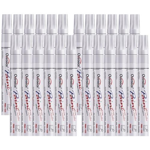 Overseas White Paint Pens Permanent Markers 24 Pcs, Oil Based Paint Markers Set, Quick Drying, Waterproof, Medium Tip Marker Pens for Metal, Rock, Wood, Plastic, Canvas, Glass, Stone, Rubber, Paper