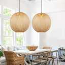 Arturesthome Bamboo Pendant Lighting Fixtures, Round Wicker Chandelier Hand-Woven Boho Basket Lampshade Hanging Ceiling Light for Kitchen Island Living Room, W 21.6in * H 19.3in