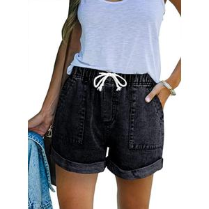 KINGFEN Women Casual Shorts Drawstring Comfy Elastic Waist Shorts Summer Pull On Short with Pockets(S-2XL) (D9-black)