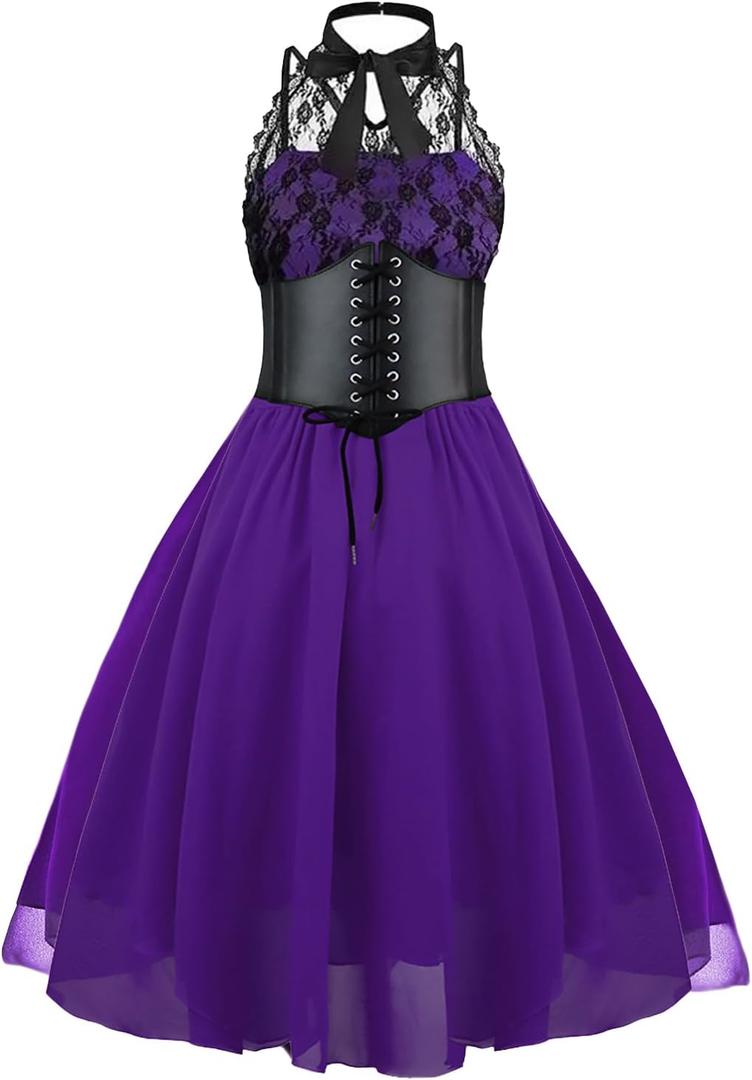 GOLDSTITCH Women's Sleeveless Gothic Lace Dress with Corset Halter Lace Swing Cocktail Dress (XX-Large, Purple)