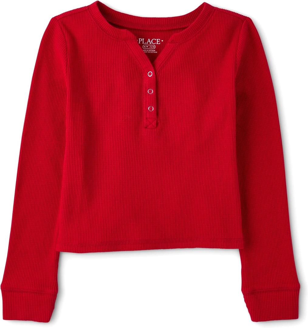 The Children's Place Girls' Basic Long Sleeve Thermal Henley Tops (Large)