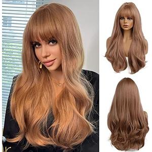 Esmee 24 Inches Strawberry Blonde Long Wavy Wig with Bangs for Women Natural Synthetic Hair Heat Resistant Wigs for Daily Party Cosplay Wear