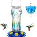 Kingsyard Hummingbird Feeder for Outdoors Hanging, 25 Ounces, Glass Humming Bird Nectar Feeder with Ant Moat & 6 Feeding Ports, Leak Proof, Blue