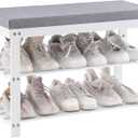 Apicizon 3-Tier Shoe Rack for Entryway, Bamboo Shoe Bench with Cushion Padded Seat, Small Shoe Organizer with Storage for Indoor Entrance Hallway Bedroom Living Room, White