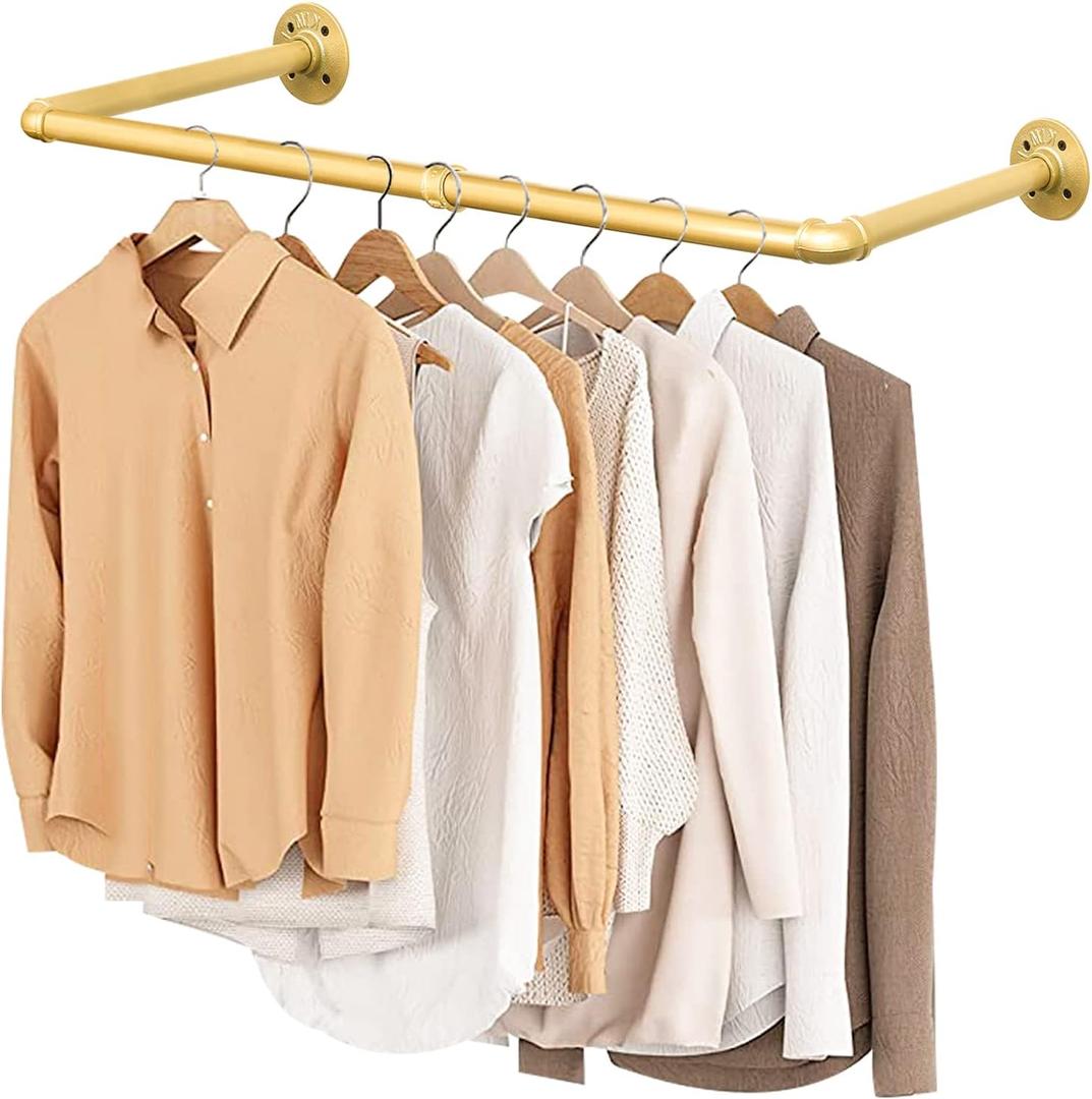 48 Gold Wall Mounted Clothes Rack, Industrial Pipe Iron Garment Bar, Heavy-Duty Detachable Clothing Rod, Multi-Purpose Metal Wall display Hanging Pole for Closet Storage, Laundry Room 2 Base