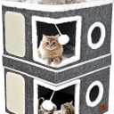 2-Story Cat House for Indoor Cats, Dual-Purpose Cave Bed with Scratch Pad and Fluffy Ball, Foldable Cat Hideaway, Cute Condo Furniture for Multi Small Pet Kitten, Grey (Double)