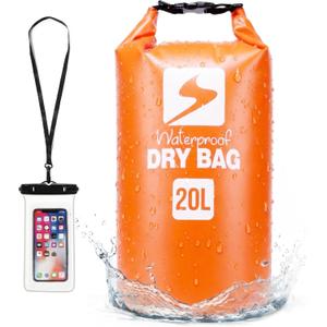 Soulsfeng Waterproof Dry Bag Backpack, Roll Top Floating Dry Storage Bag with Phone Case, Lightweight Dry Sack for Kayaking, Boating, Beach, Travel, Camping 20L, Orange