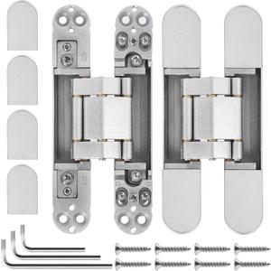 2Pcs 6 inch Hidden Door Hinges -Invisible Hinges for Doors, 180 Degree Swing Concealed Hinges, 3 Way Adjustable & Heavy Duty (‎Silver)