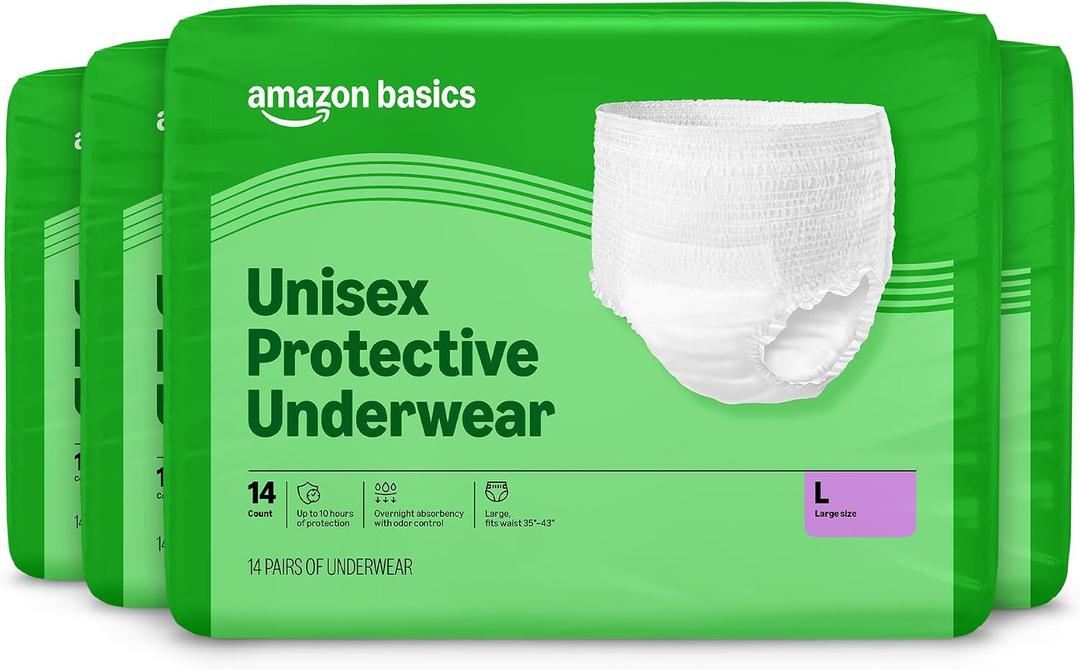Amazon Basics Unisex Protective Underwear with Odor Control, Overnight Absorbency, Large, 56 Count (4 Packs of 14)