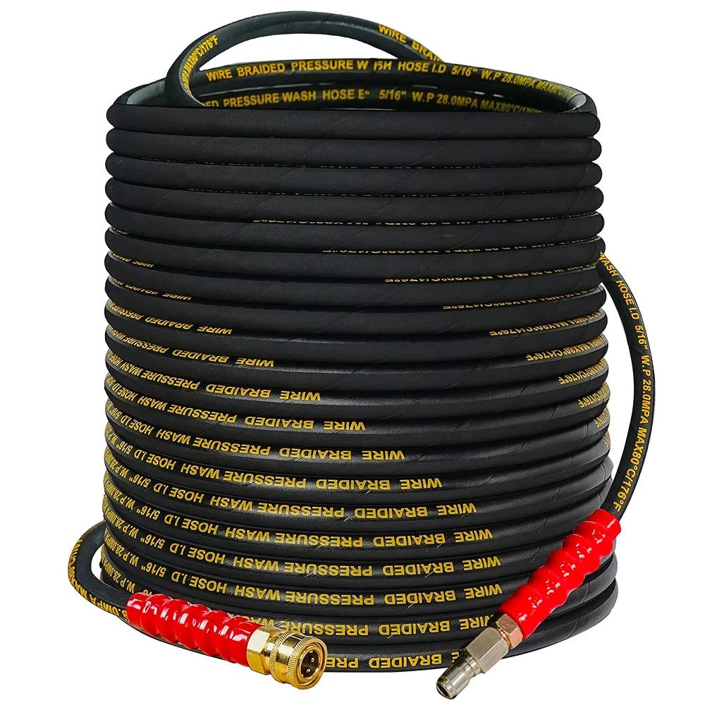 Hourleey Kink Resistant Pressure Washer Hose 100FT, High Tensile Wire Power Washer Hose with 3/8 Inch Quick Connect, Max. Temperature 60C