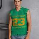 Men's Letter Graphic Sweater Vest Y2k Ripped V Neck Sleeveless Knit Tops (Green, S)