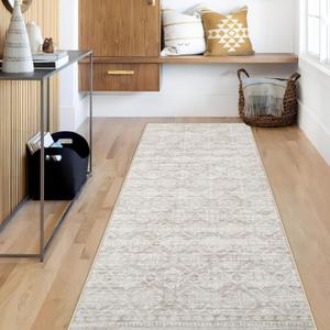 Runner Rug 2x5 Boho Geometric Area Rugs: Small Washable Kitchen Entryway Rug, Soft Non Slip Moroccan Long Hallway Rugs for Bedroom Bathroom Laundry Entryway Staircase Foyer(Ivory Mocha,2'x5')