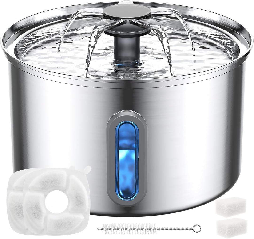 Cat Water Fountain Stainless Steel, 118oz/ 3.5L Large Capacity Automatic Pet Water Dispenser for Drinking with Level Window, Ultra Quiet Pump, 2 Replacement Filters & Pre-Filter Sponges for Dog (Silver)