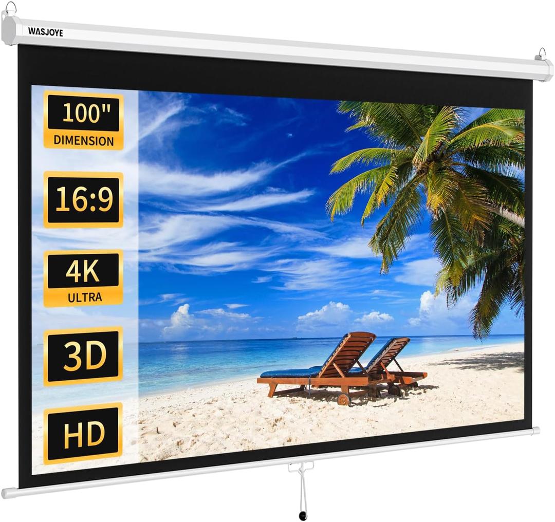 WASJOYE 100'' Manual Pull Down Projector Screen, 4K HD Retractable Projection Screen with Auto Locking, 16:9 Projector Screen Anti-Crease for Home Theater Cinema Office Education Presentation