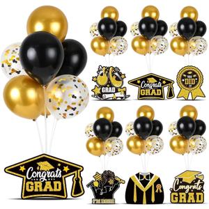 6 Sets Black Gold Graduation Balloon Stand Kit for Table Decorations Class of 2025 Congrats Grad Table Centerpiece Grad Prom Themed Decoration for Grad School & College Ceremonies Party Supplies