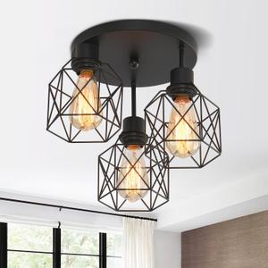3 Lights Industrial Ceiling Light Fixtures,Iron Cage Ceiling Lamp Pendant Lighting,3-Light Close to Ceiling Light Fixtures, Modern Chandelier for Bedroom Entryway Kitchen Hallway