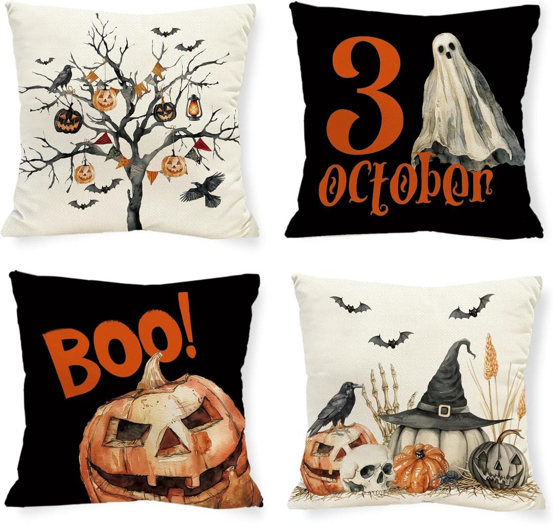 Halloween Ghost Boo Pillow Covers Trick or Treat 18 x 18 Inch Throw Pillows, Spooky Pumpkin Tree Decorative Farmhouse Seasonal Cushion Case for Sofa Couch Set of 4