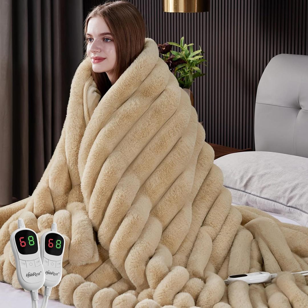 Heated Blanket Queen Size, Faux Fur Cozy Heating Blanket with Overheat Protection, 1/2/4/6/8 Hours Auto-Off 10 Heat Level, Machine Washable (84x90 Inches, Beige)