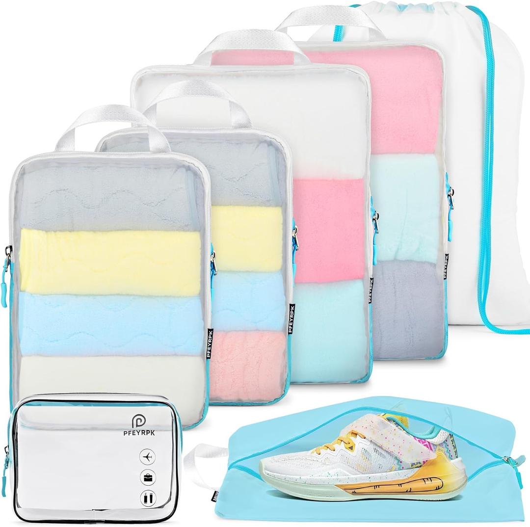 Lightweight Compression Packing Cubes for Suitcases, Compressible Expandable Travel Packing Organizer with Clear Toiletries and Backpack Bag, Travel Essentials for Carry on Luggage 7 Set (Mesh/Blue)