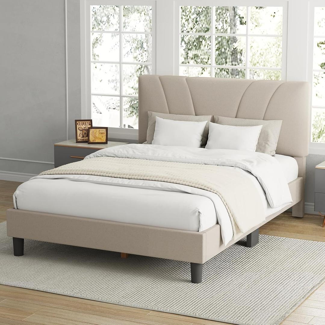 Avenco Queen Bed Frame, Upholstered Platform Bed Frame with Adjustable Headboard, Wood Slat Support, Easy Assembly, No Box Spring Needed, Beige