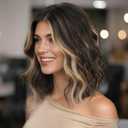 Brunette with Blonde Highlights Short Wavy Wig for Women Lace Hairline Bob Style Synthetic Heat Resistant - Natural Appearance for Everyday Hairstyle 14 Inch