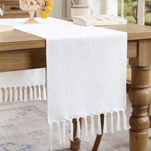 Linen Style Rustic Table Runner, Farmhouse Cotton Linen Table Runner, Boho Table Runners 108 Inches Long with Hand Tassels for Home Tabletop Decor and Everyday Use - White, 108 Inch