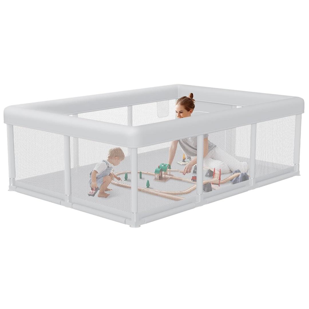 Hiaksedt Large Baby Playpen 74x50 Inch PlayPen for Babies and Toddlers, Play Yards for Indoor & Outdoor with Zipper Gates, Breathable Mesh (Grey)